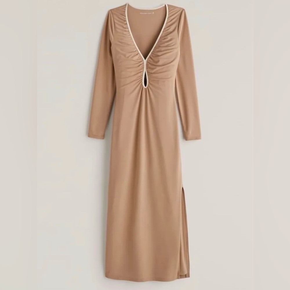 Light brown Abercrombie & Fitch long sleeve Keyhole midi dress, size Medium